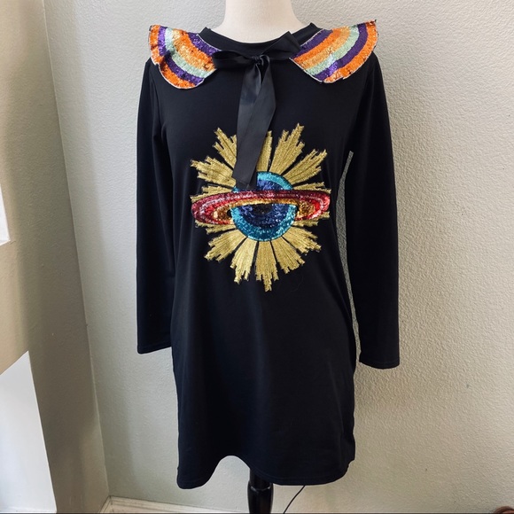 Saturn rainbow sequin patch black collared dress - Picture 1 of 7